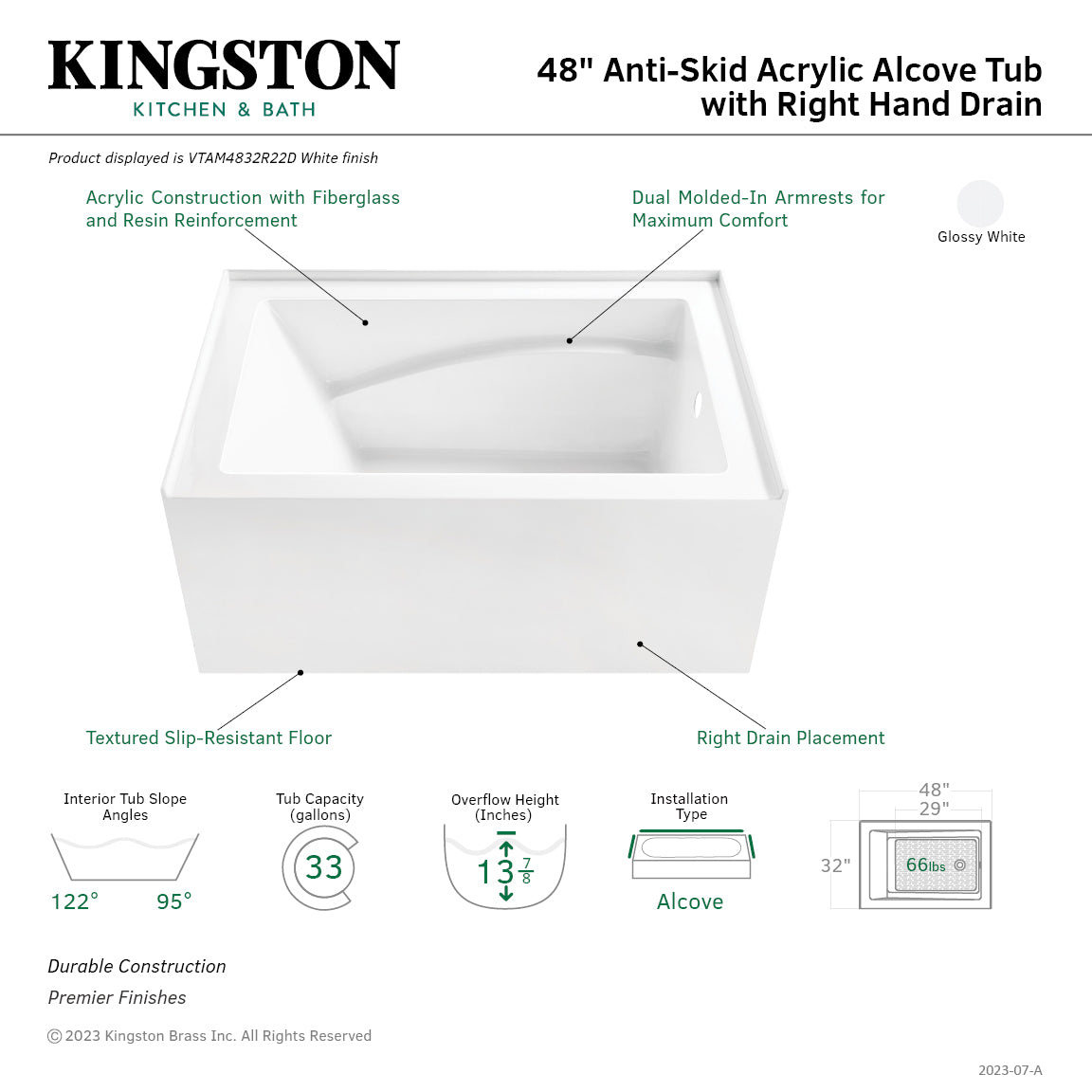 Aqua Eden VTAM4832R22D 48" Acrylic Rectangular 3-Wall Alcove Tub, Right Hand Drain and Anti-Skid Surface, Glossy White
