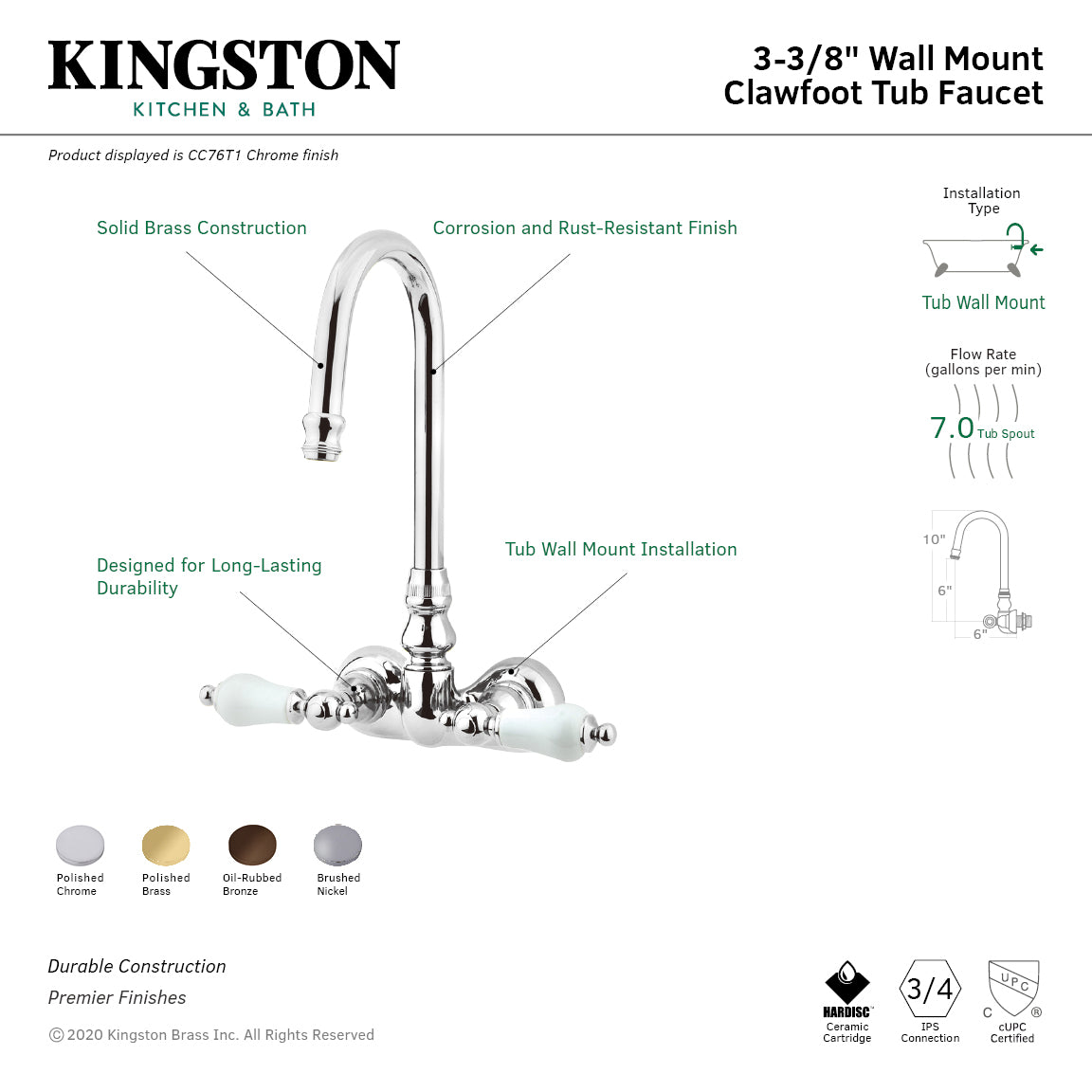 Kingston Brass CC75T2 Vintage 3-3/8-Inch Wall Mount Tub Faucet, Polished Brass