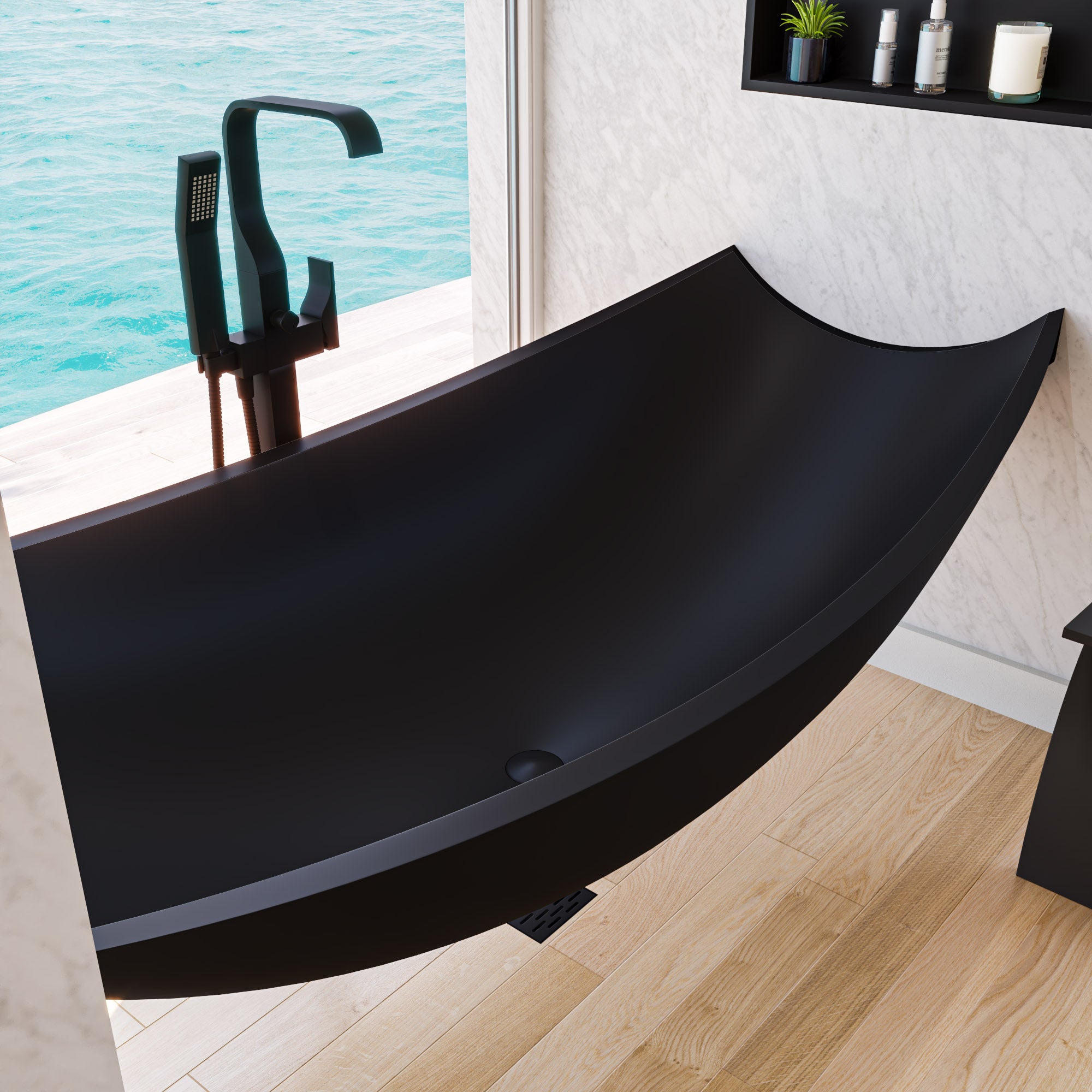 ALFI HammockTub2-BM Black Matte 71" Solid Surface Resin Suspended Wall Mounted Hammock Bathtub