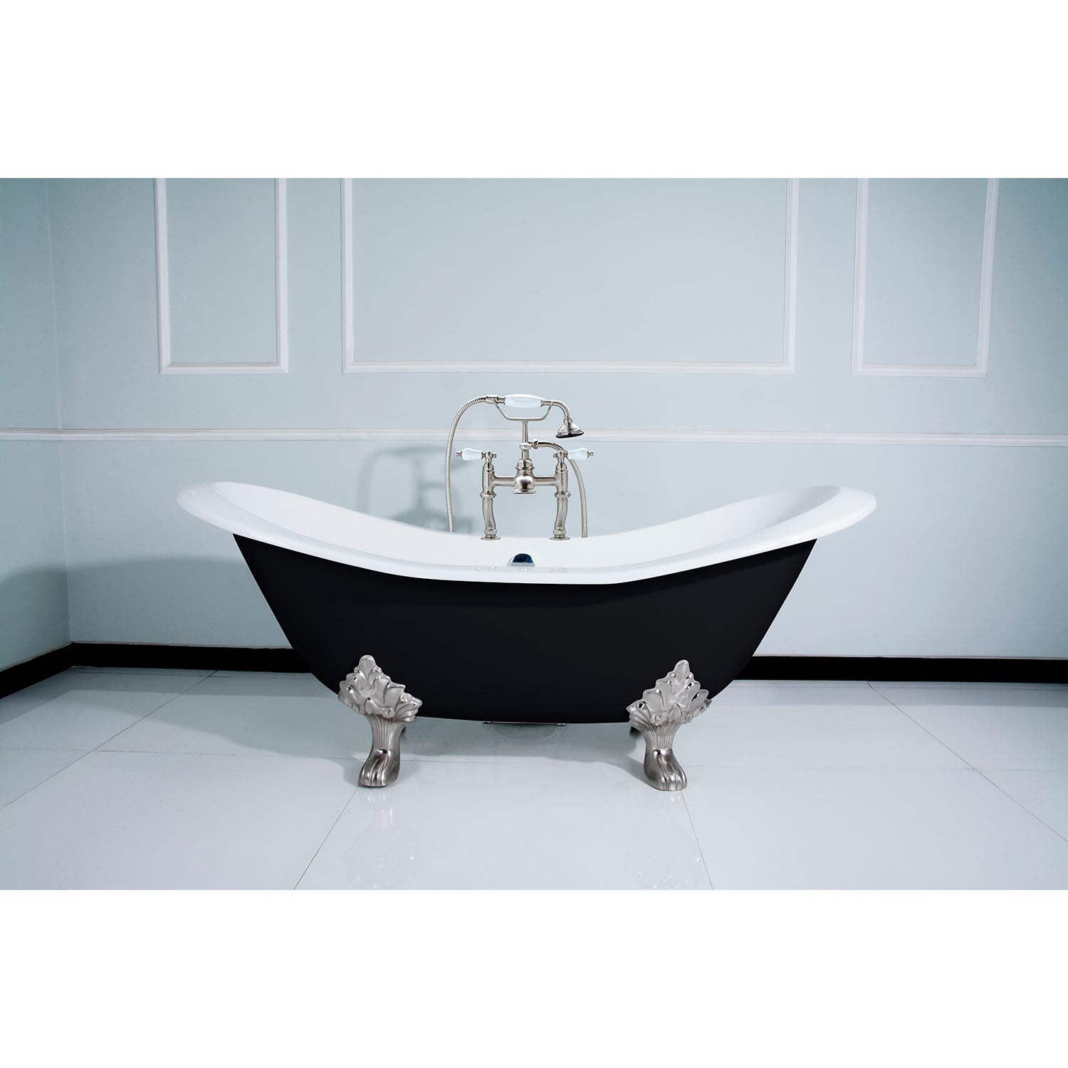Aqua Eden VBT7D7231NC8 72" Cast Iron Oval Double Slipper Clawfoot Tub (7" Faucet Drillings), Black/White/Brushed Nickel
