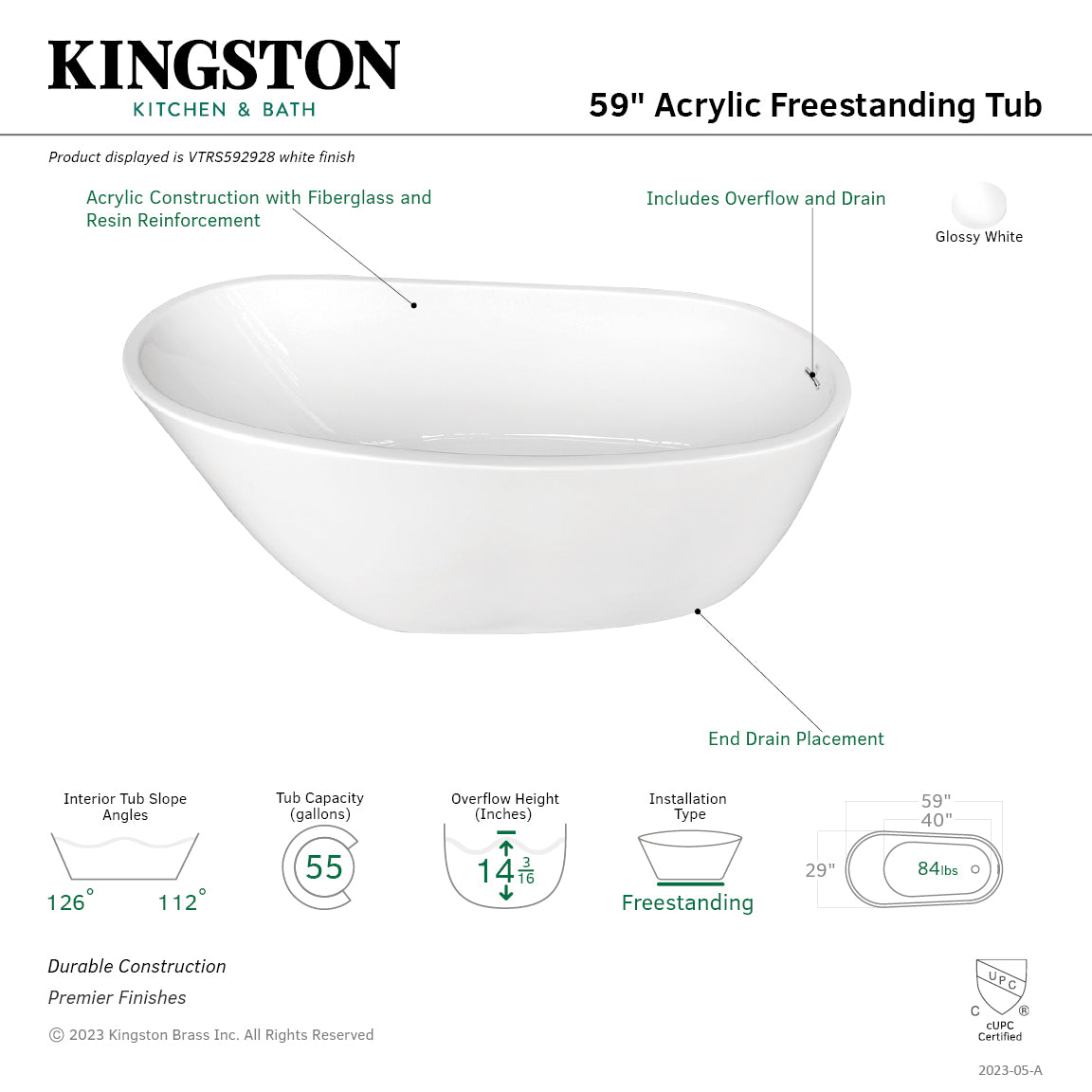 Kingston Brass VTRS592928 59" Acrylic Oval Single Slipper Freestanding Tub with Drain, Glossy White