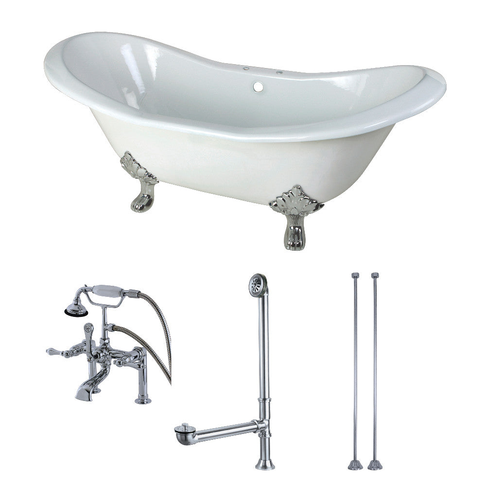 Aqua Eden KCT7D7231C1 72" Cast Iron Oval Double Slipper Clawfoot Tub with Faucet Drain and Supply Lines Combo, White/Polished Chrome