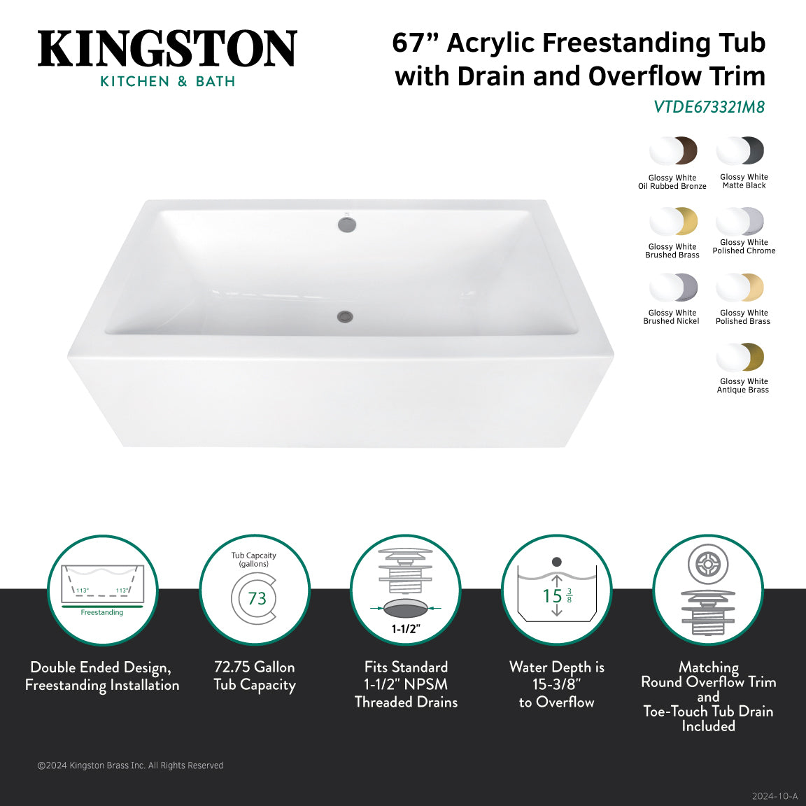 Kingston Brass VTDE673321M2 67" Acrylic Rectangular Double Ended Freestanding Tub with Overflow/Drain Assembly, Glossy White/Polished Brass