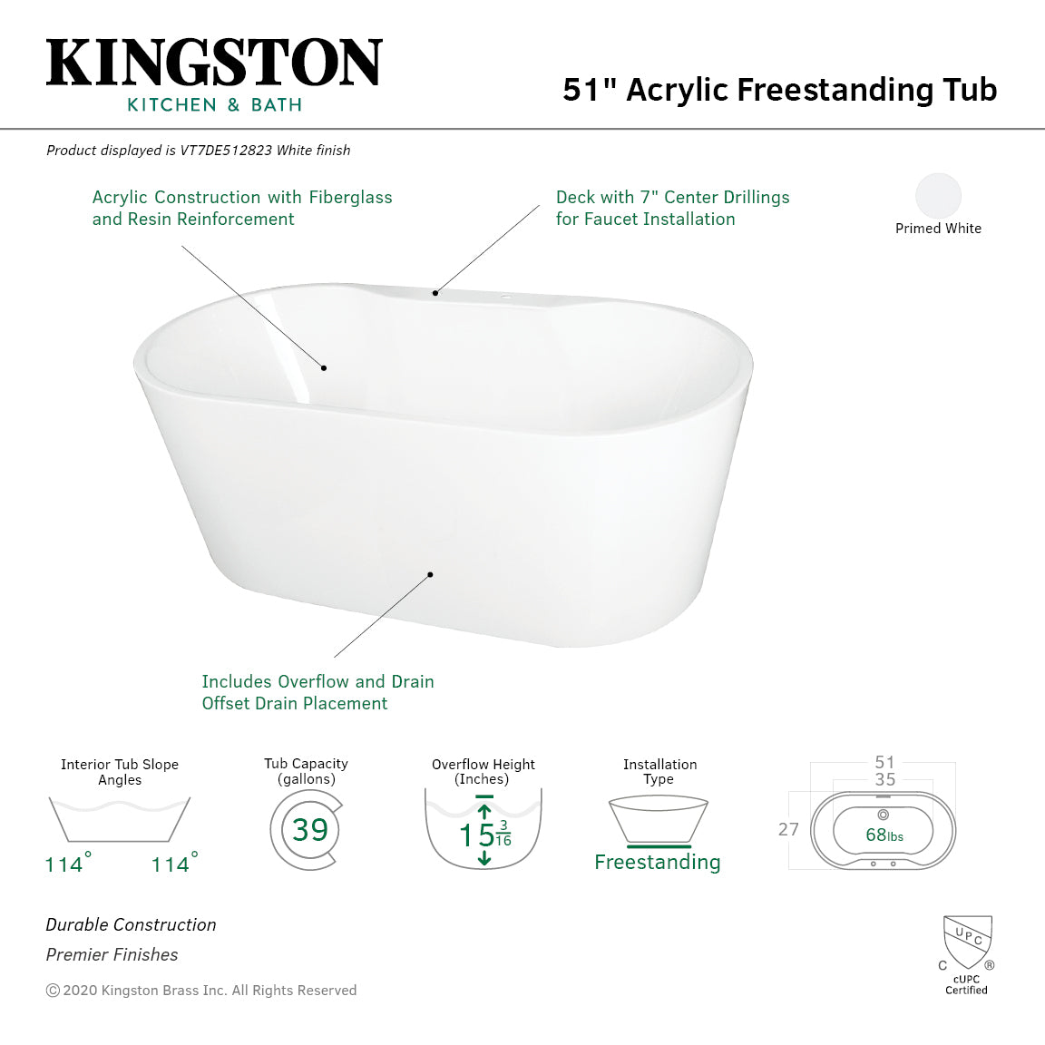 Kingston Brass VT7DE512823 51" Acrylic Oval Double Ended Freestanding Tub with Drain, Glossy White