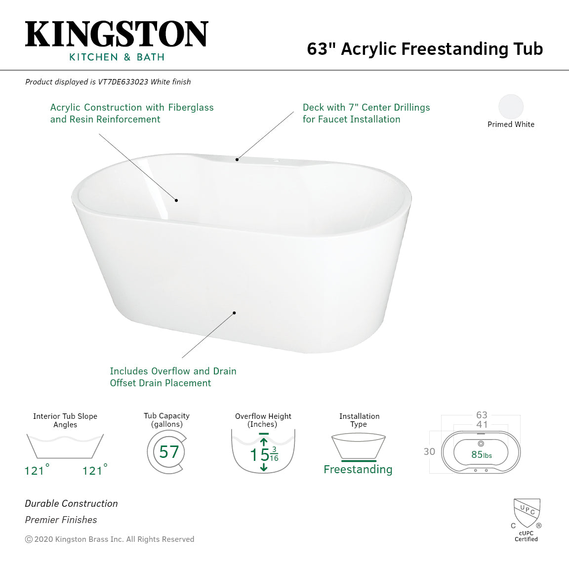 Kingston Brass VT7DE633023 63" Acrylic Oval Double Ended Freestanding Tub with Drain, Glossy White
