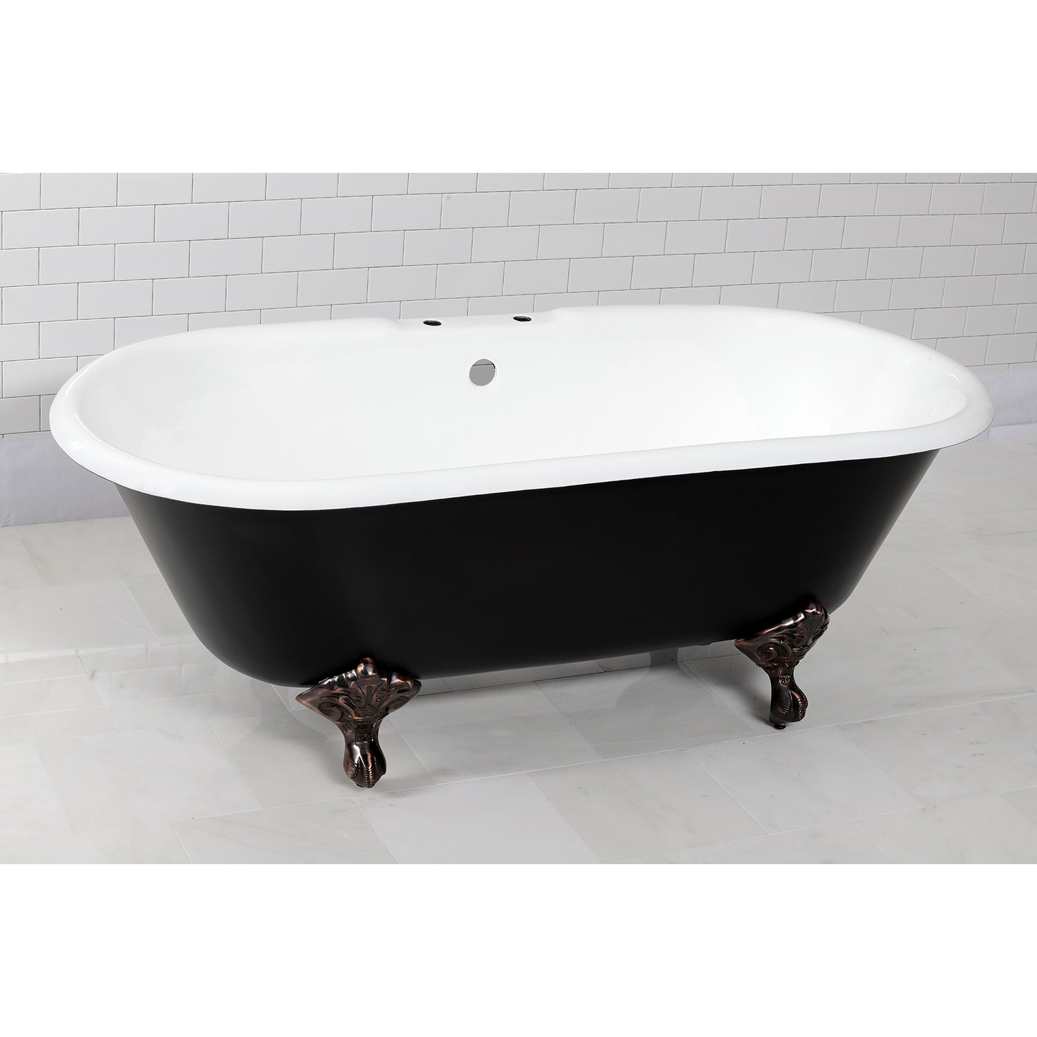 Aqua Eden VBT7D663013NB5 66" Cast Iron Oval Double Ended Clawfoot Tub (7" Faucet Drillings), Black/White/Oil Rubbed Bronze