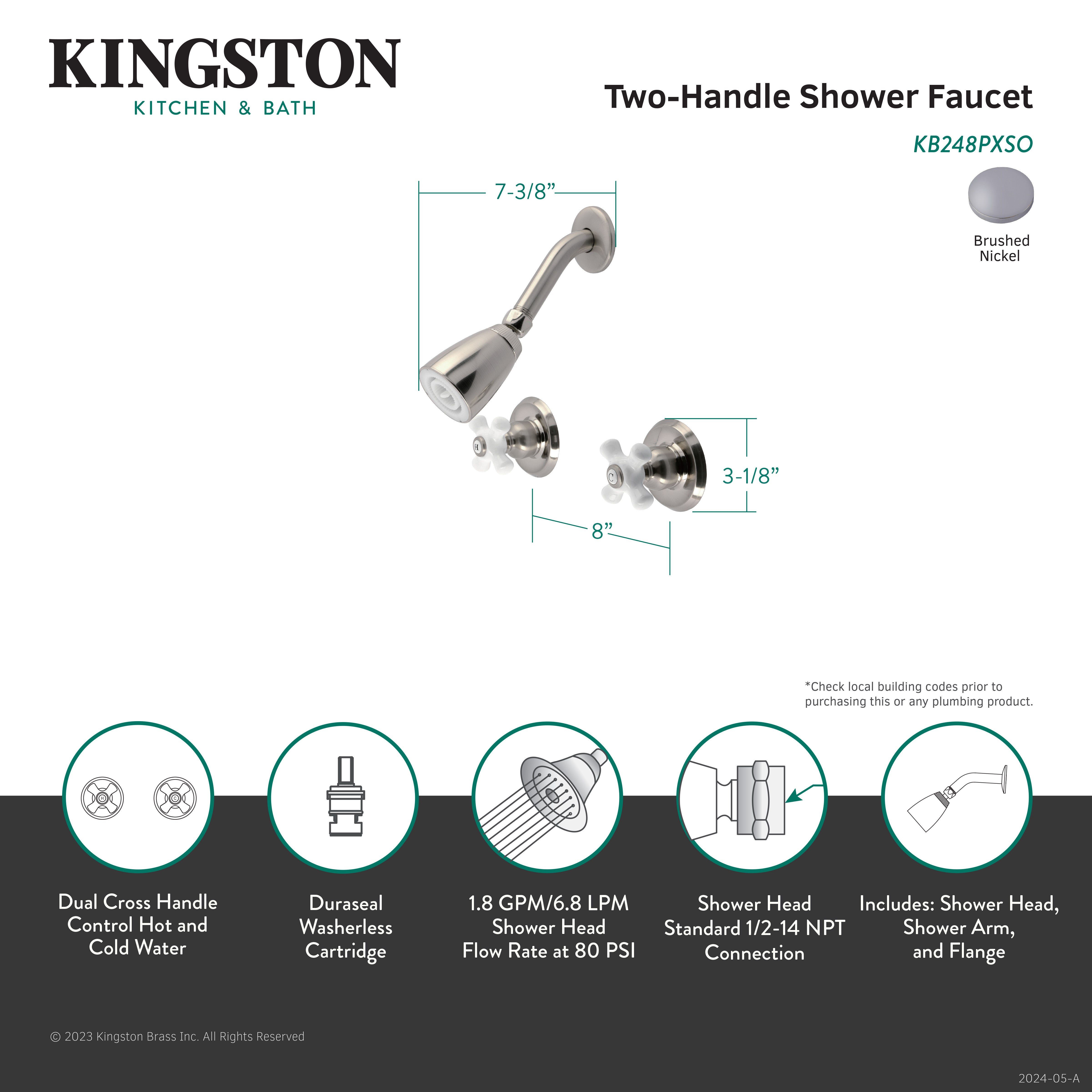 Kingston Brass KB248PXSO Victorian Double-Handle Shower Faucet, Brushed Nickel