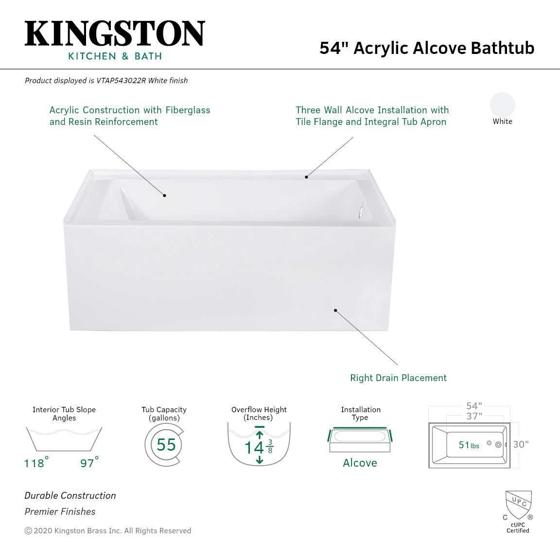 Aqua Eden VTAP543022R 54" Acrylic Rectangular 3-Wall Alcove Tub, Right Hand Drain, Glossy White