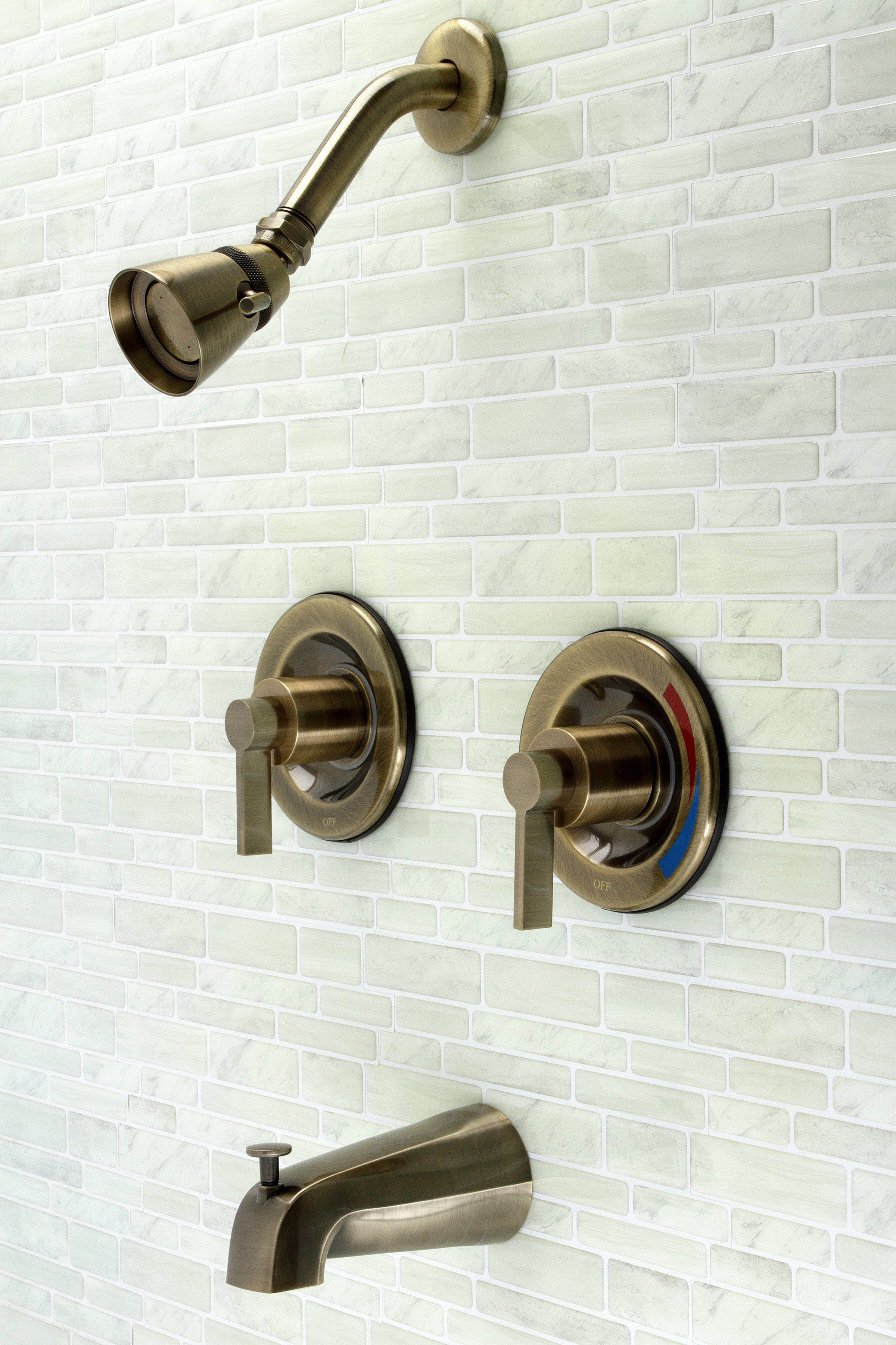 Kingston Brass KB663NDL NuvoFusion Double-Handle Pressure Balanced Tub and Shower Faucet, Antique Brass