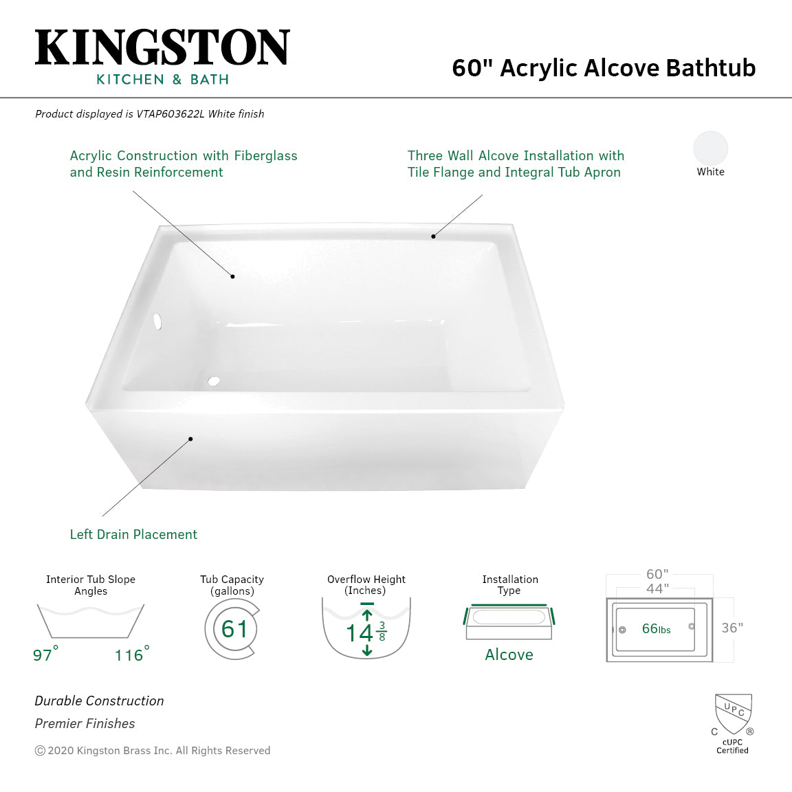 Aqua Eden VTAP603622L 60" Acrylic Rectangular 3-Wall Alcove Tub, Left Hand Drain, Glossy White