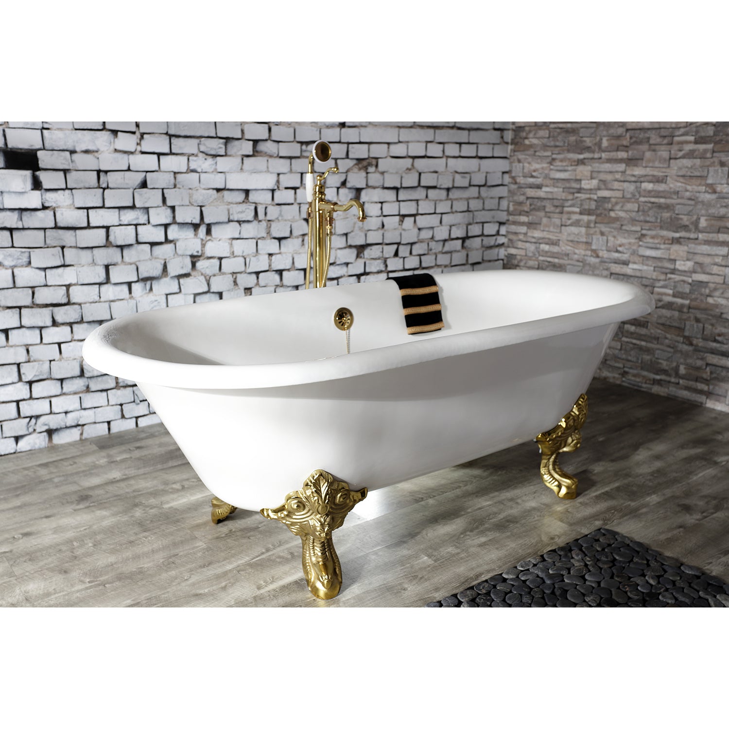 Aqua Eden VCTDE7232NL2 72" Cast Iron Oval Double Ended Clawfoot Tub (No Faucet Drillings), White/Polished Brass