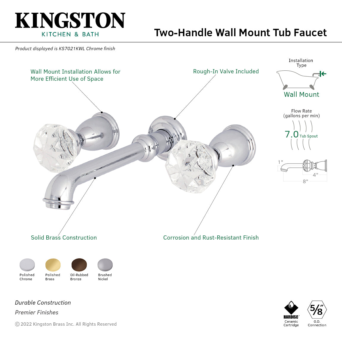 Kingston Brass KS7022KWL Krystal Onyx Two-Handle Wall Mount Roman Tub Faucet, Polished Brass