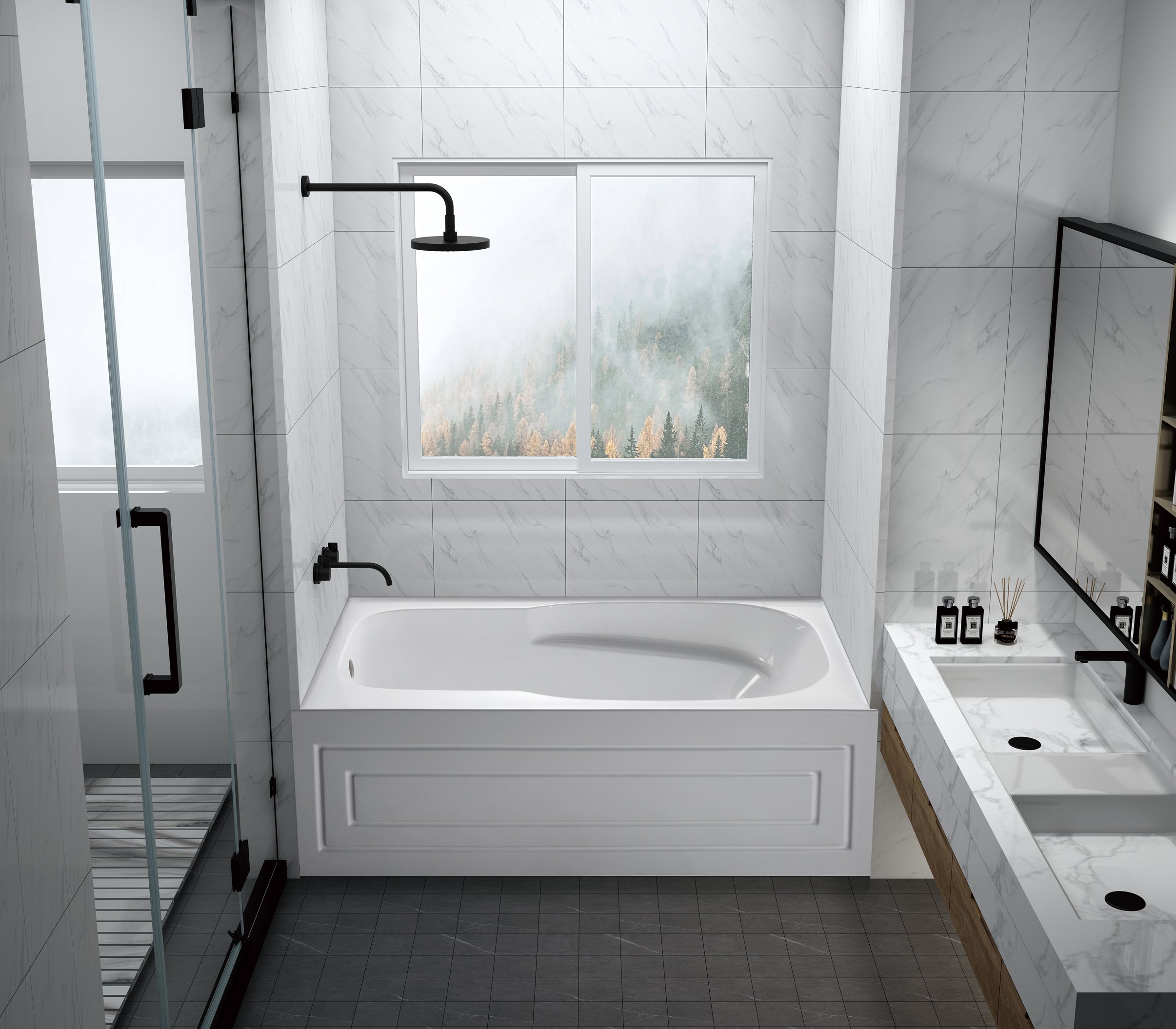 Aqua Eden VTAM6031L21B 60" Acrylic Rectangular 3-Wall Alcove Tub with Armrests and Anti-Skid Surface, Left Hand Drain, Glossy White