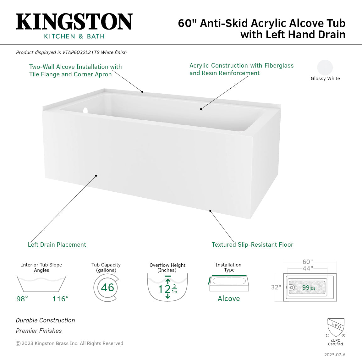 Aqua Eden VTAP6032L21TS 60" Acrylic Rectangular 2-Wall Corner Alcove Tub, Left Hand Drain, Glossy White