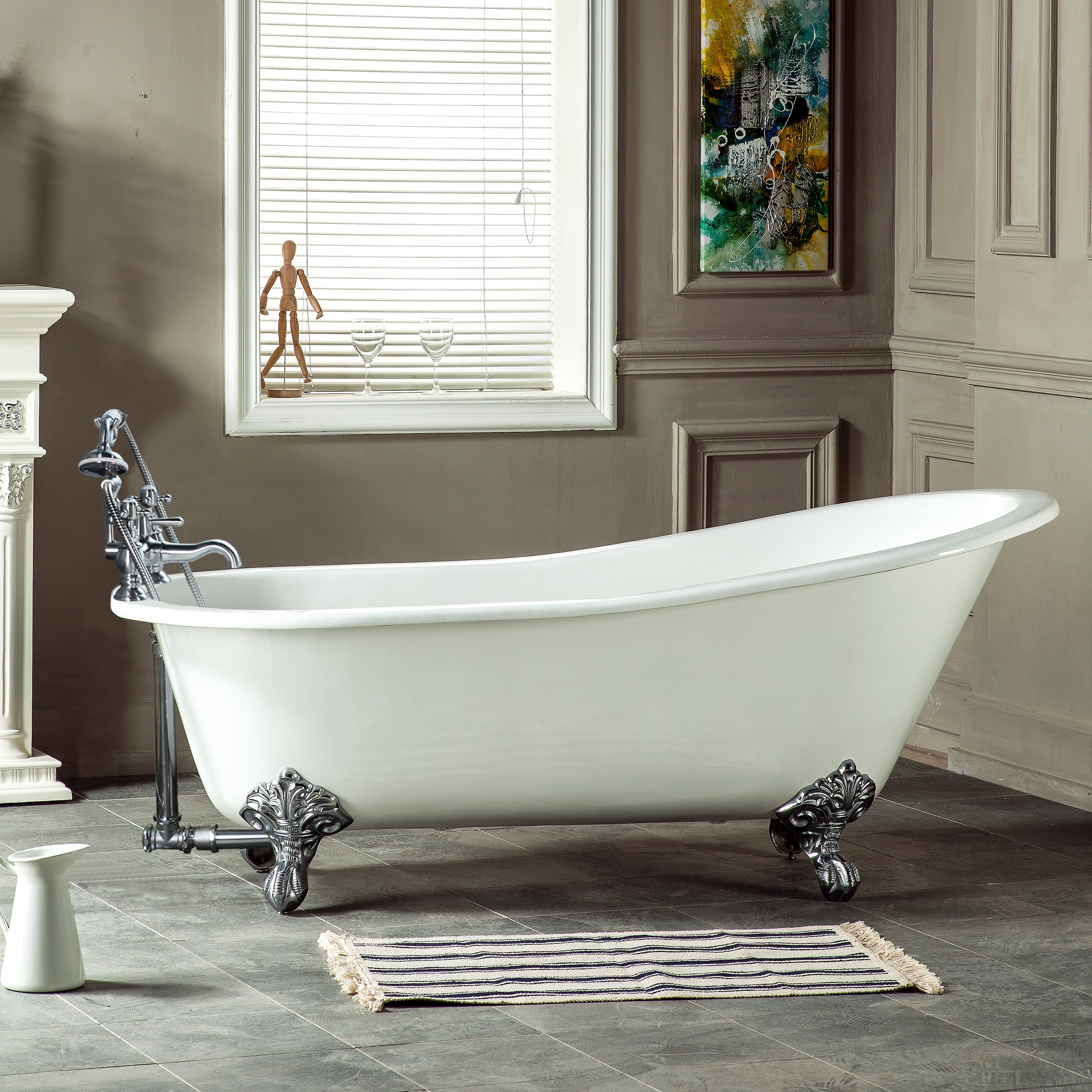 Aqua Eden VCT7D673122ZB1 67" Cast Iron Oval Single Slipper Clawfoot Tub (7" Faucet Drillings), White/Polished Chrome