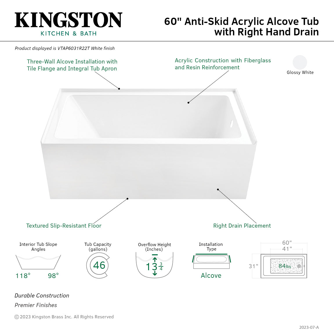 Aqua Eden VTAP6031R22T 60" Acrylic Rectangular 3-Wall Alcove Tub with Anti-Skid Surface, Right Hand Drain Hole, Glossy White