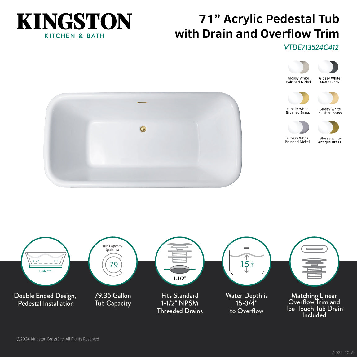 Kingston Brass VTDE713524C417 71" Acrylic Oval Rectangular Double Ended Pedestal Tub with Drain (No Faucet Drillings), Glossy White/Brushed Brass