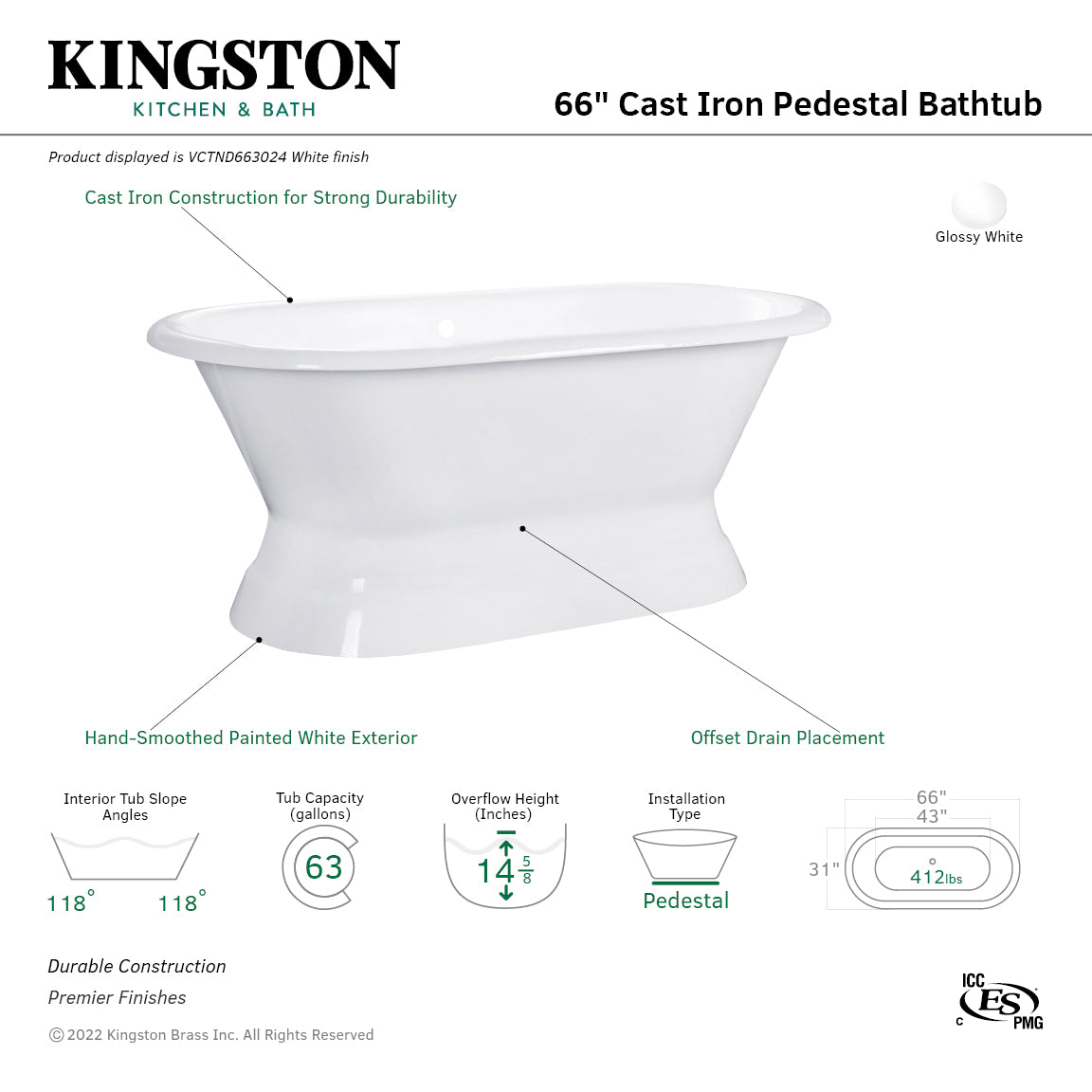 Aqua Eden VCTND663024 66" Cast Iron Oval Double Ended Pedestal Tub (No Faucet Drillings), White
