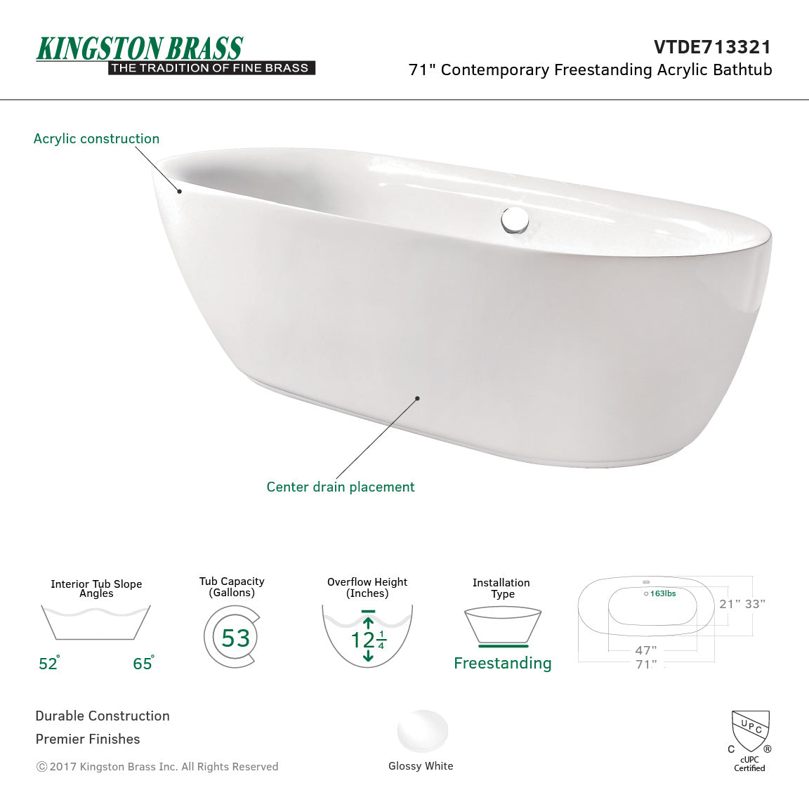 Kingston Brass VTDE713321 71" Acrylic Oval Double Ended Freestanding Tub with Drain, Glossy White