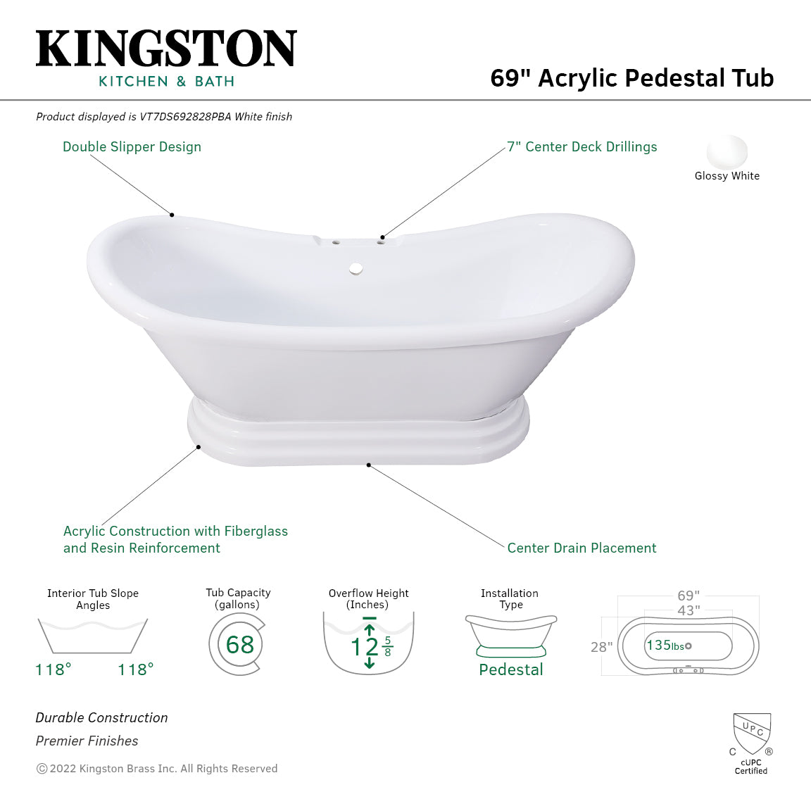 Aqua Eden VT7DS692828PBA 69" Acrylic Oval Double Slipper Pedestal Tub (7" Faucet Drillings), Glossy White