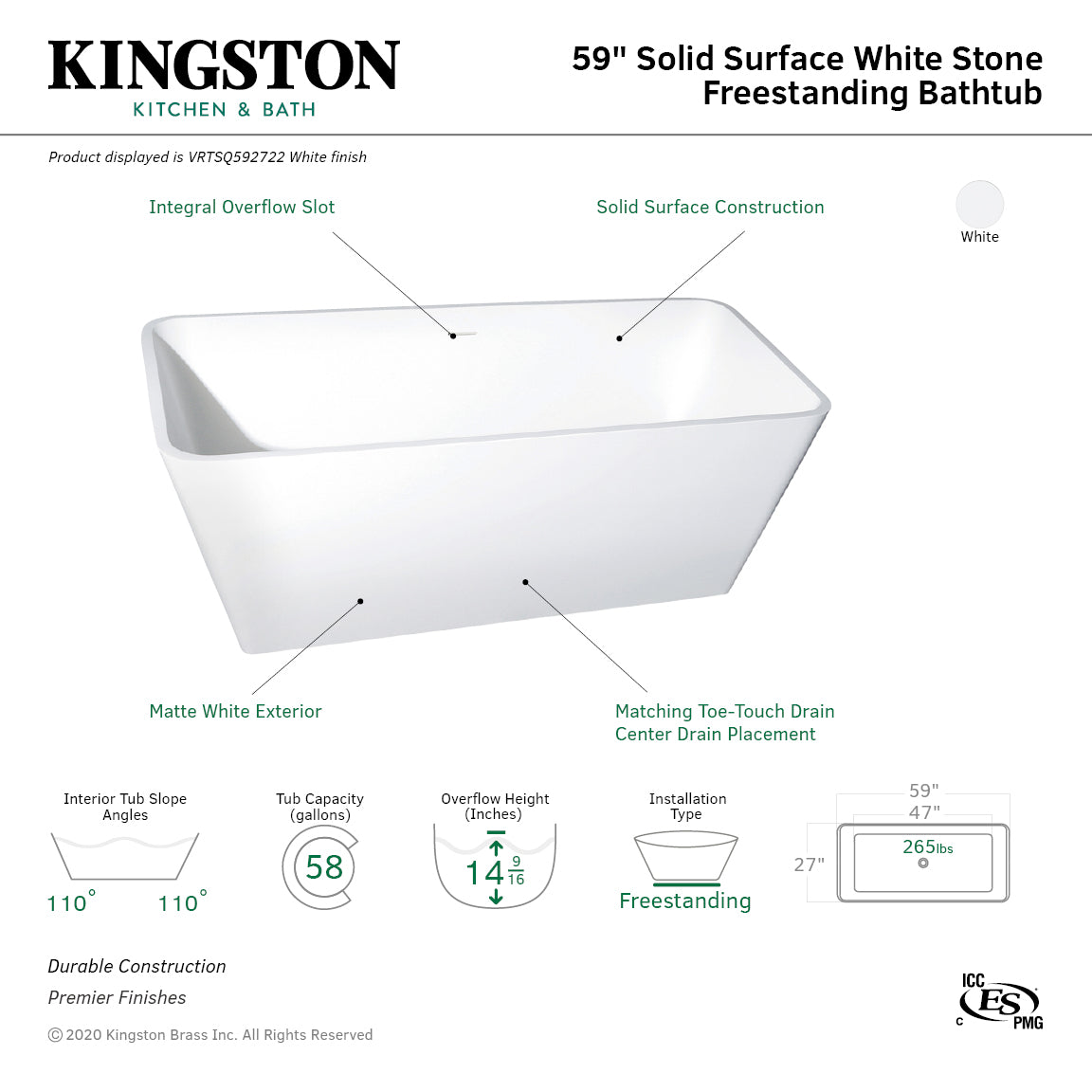 Kingston Brass VRTSQ592722 59" Solid Surface Rectangular Double Ended Freestanding Tub with Drain, Matte White