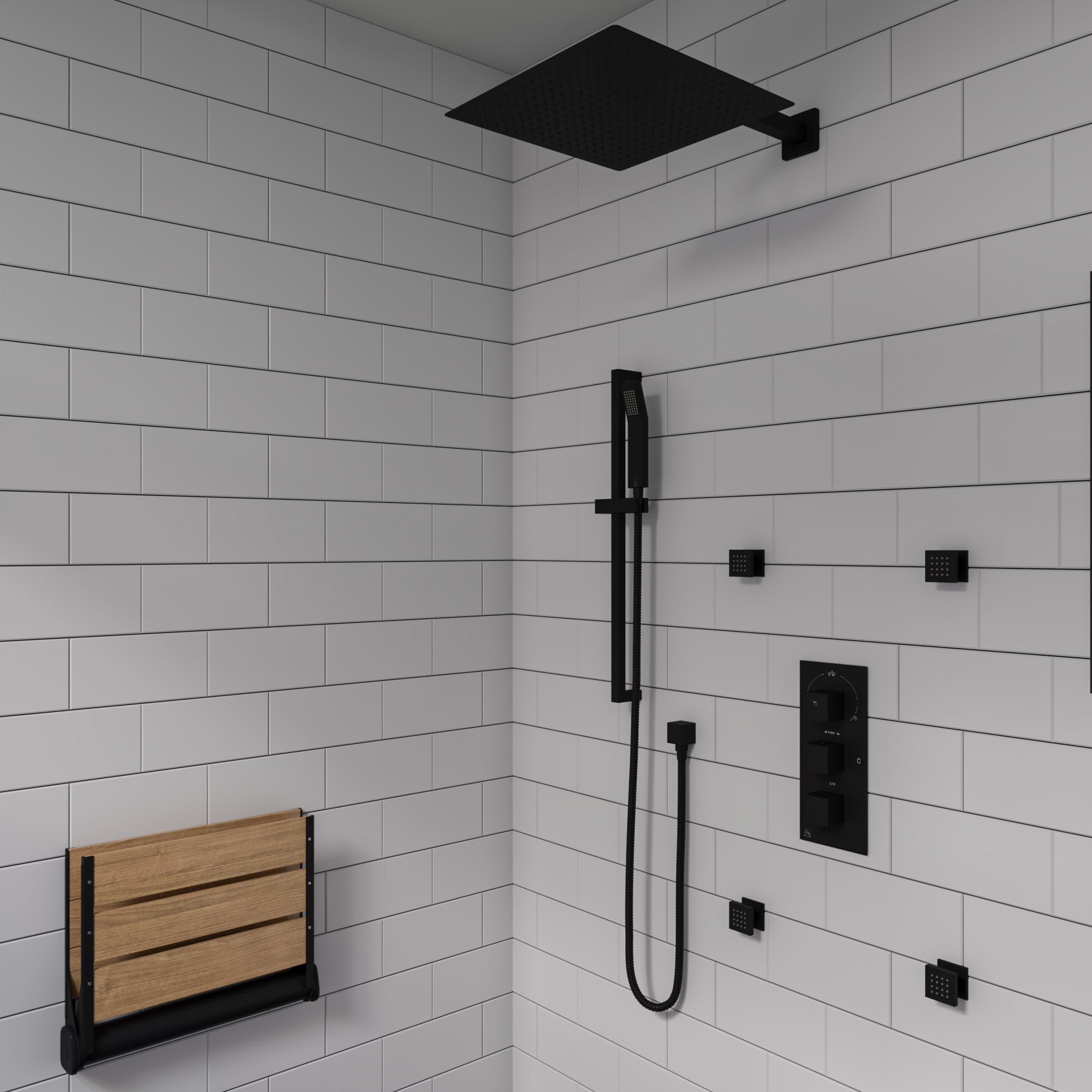 ALFI ABS17-BM Black Matte 17" Wide Foldable Teak Shower Seat with Backrest