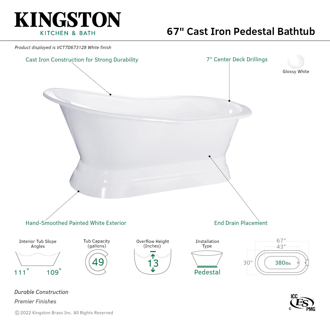 Aqua Eden VCT7D673128 67" Cast Iron Oval Single Slipper Pedestal Tub (7" Faucet Drillings), White