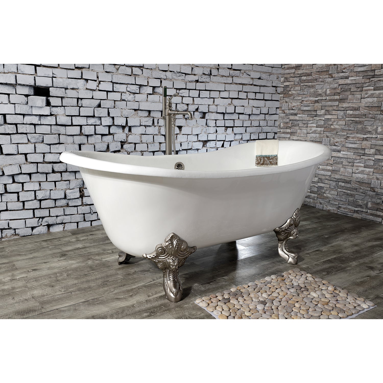 Aqua Eden VCTNDS6731NL8 67" Cast Iron Oval Double Slipper Clawfoot Tub (No Faucet Drillings), White/Brushed Nickel