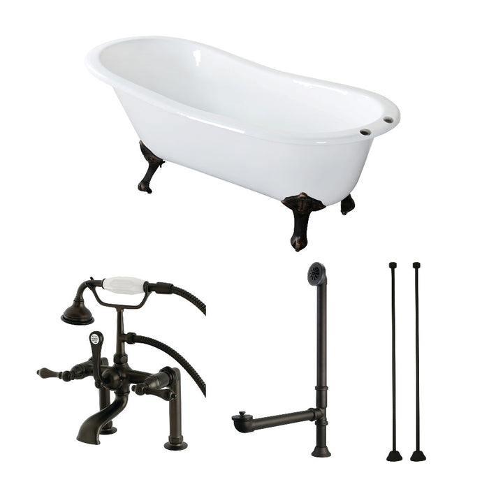 Aqua Eden KCT7D653129C5 62" Cast Iron Oval Single Slipper Clawfoot Tub with Faucet Drain and Supply Lines Combo, White/Oil Rubbed Bronze