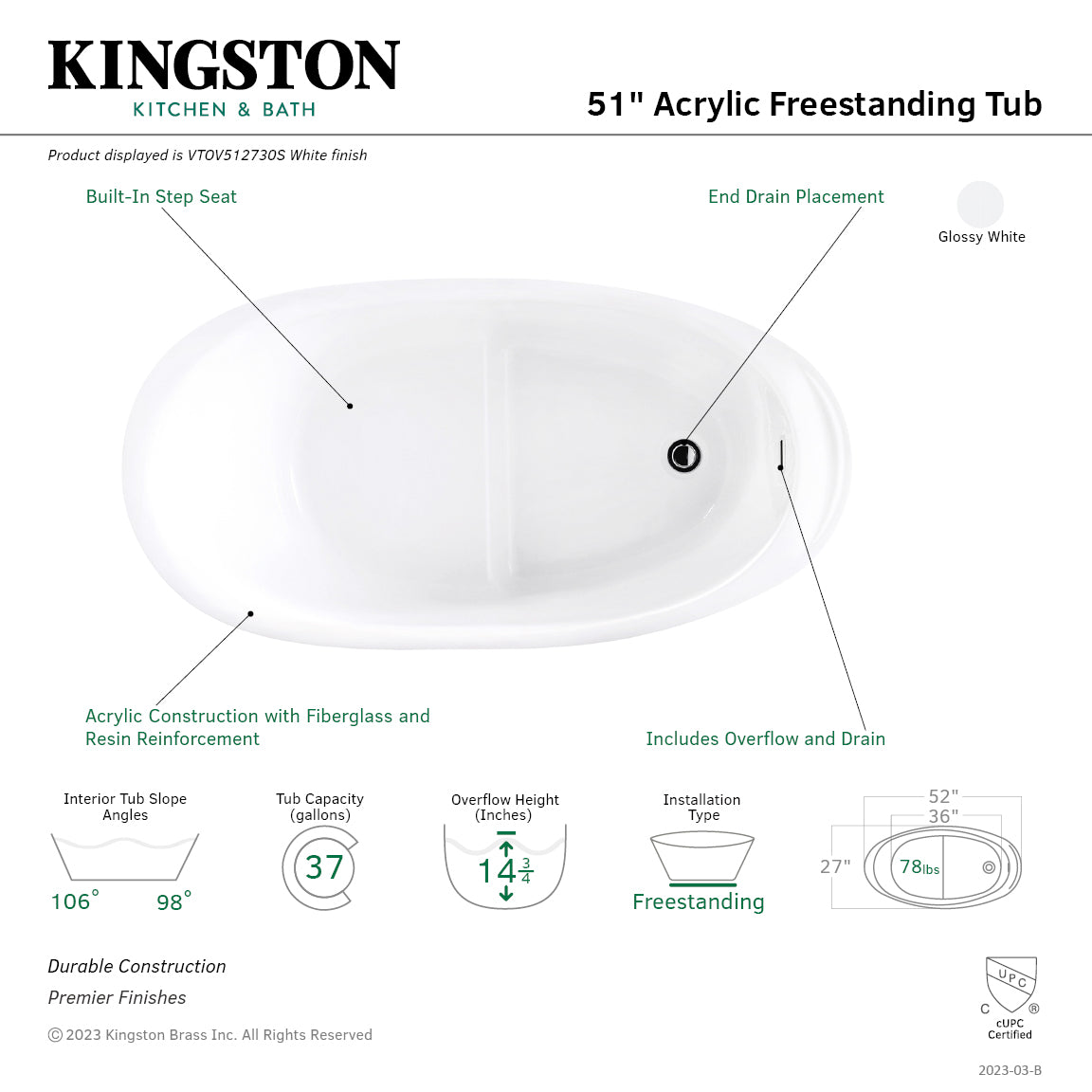 Kingston Brass VTOV512730S 52" Acrylic Oval Single Slipper Freestanding Tub with Drain and Integrated Seat, Glossy White
