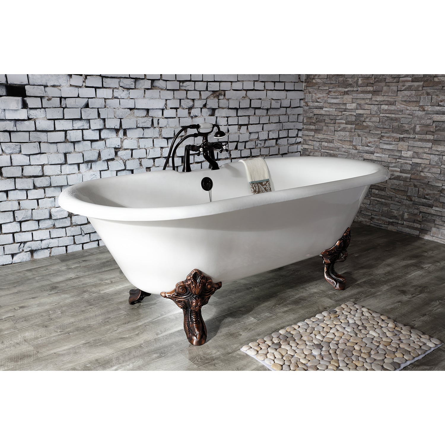 Aqua Eden VCT7DE7232NL5 72" Cast Iron Oval Double Ended Clawfoot Tub (7" Faucet Drillings), White/Oil Rubbed Bronze