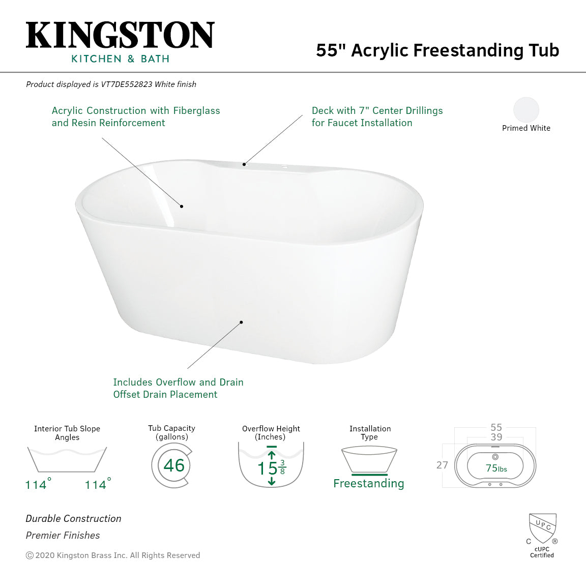 Kingston Brass VT7DE552823 55" Acrylic Oval Double Ended Freestanding Tub with Drain, Glossy White