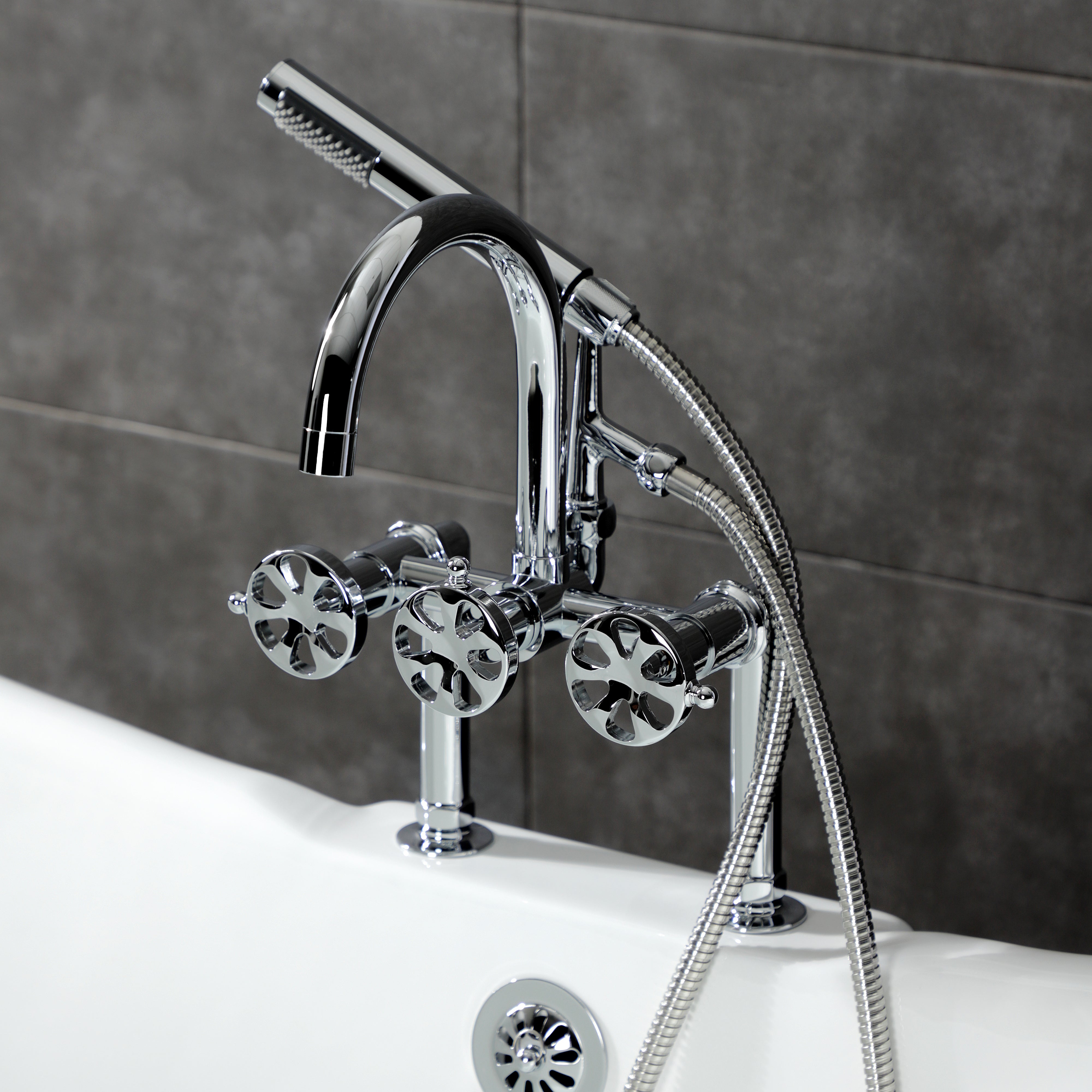 Kingston Brass AE8101RX Belknap 7" Center Deck-Mount Clawfoot Tub Faucet with Hand Shower, Polished Chrome
