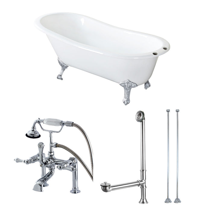 Aqua Eden KCT7D653129C1 62" Cast Iron Oval Single Slipper Clawfoot Tub with Faucet Drain and Supply Lines Combo, White/Polished Chrome/Polished Chrome