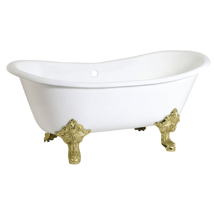 Aqua Eden VCTNDS6731NL2 67" Cast Iron Oval Double Slipper Clawfoot Tub (No Faucet Drillings), White/Polished Brass