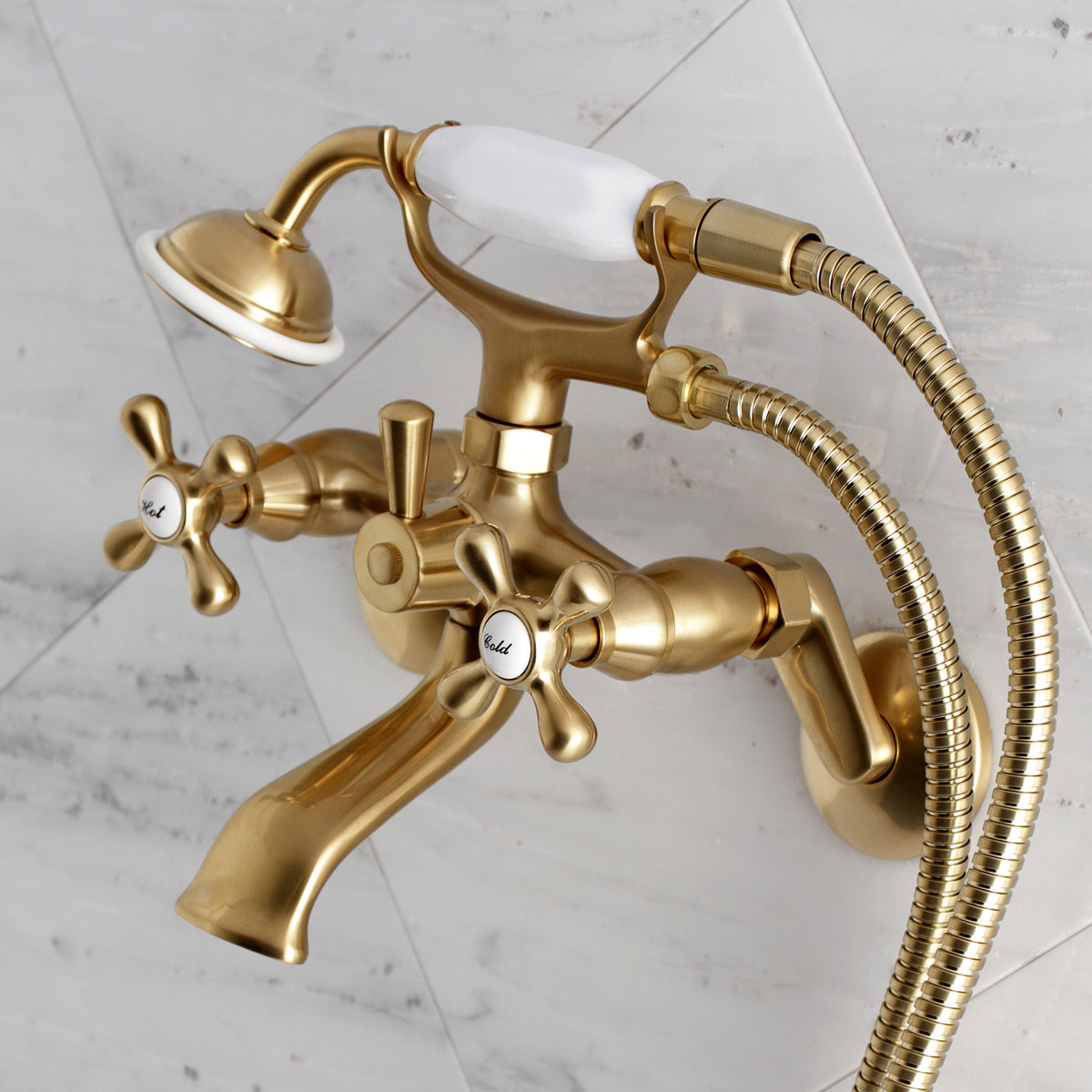 Kingston Brass KS266SB Kingston Wall Mount Clawfoot Tub Faucet with Hand Shower, Brushed Brass