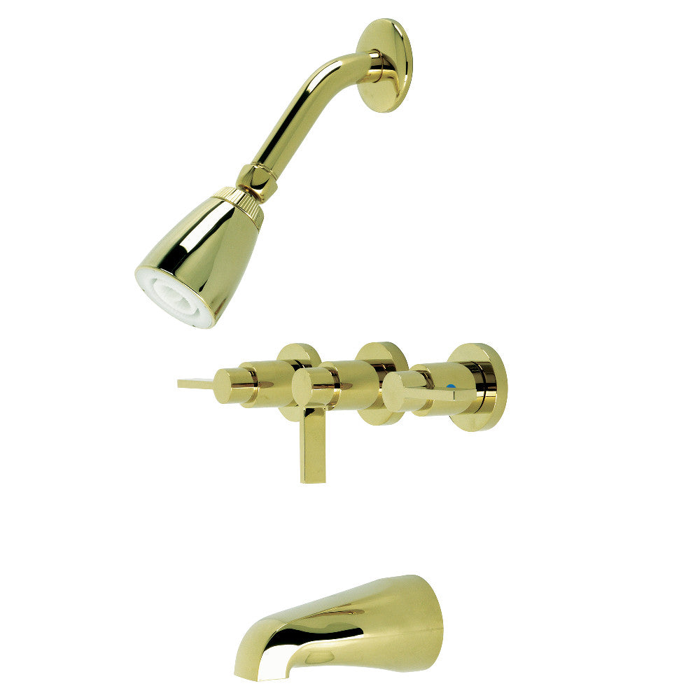 Kingston Brass KB8132NDL NuvoFusion Triple-Handle Tub and Shower Faucet, Polished Brass