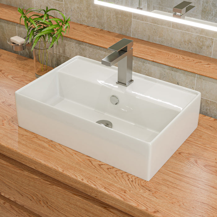 ALFI ABC901-W White 24" Modern Rectangular Above Mount Ceramic Sink with Faucet Hole