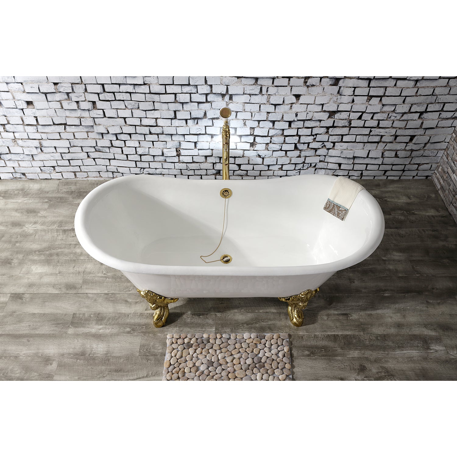Aqua Eden VCTNDS6731NL2 67" Cast Iron Oval Double Slipper Clawfoot Tub (No Faucet Drillings), White/Polished Brass
