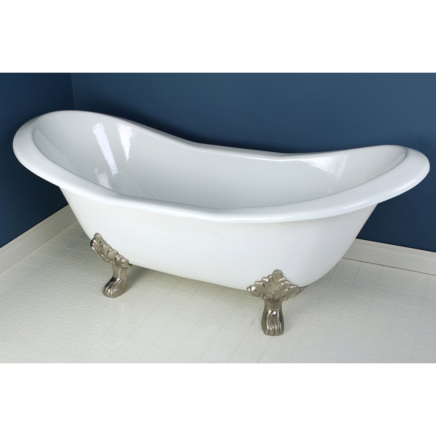 Aqua Eden VCTND7231NC8 72" Cast Iron Oval Double Slipper Clawfoot Tub (No Faucet Drillings), White/Brushed Nickel