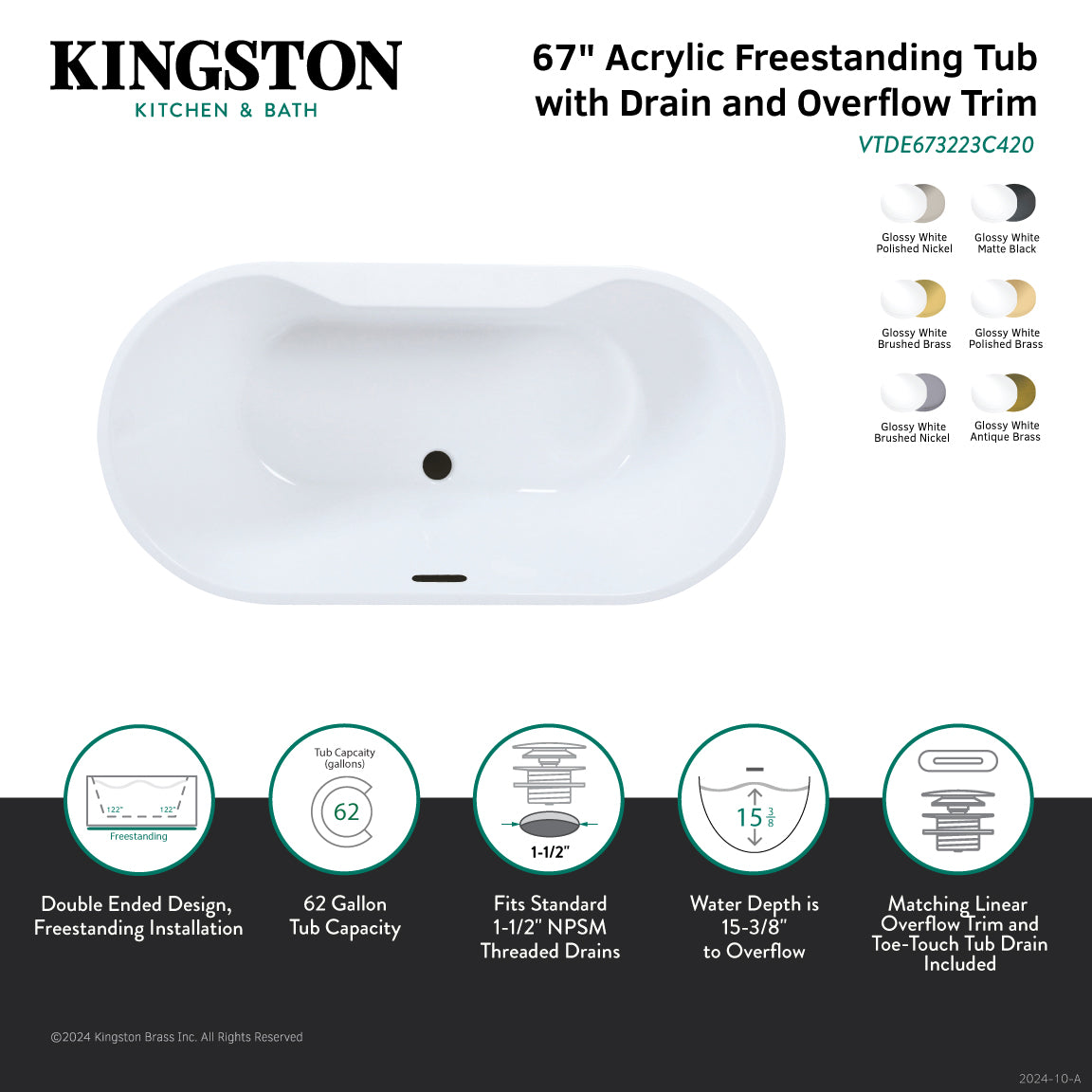 Kingston Brass VTDE673223C420 67" Acrylic Oval Double Ended Freestanding Tub with Drain, Glossy White/Matte Black