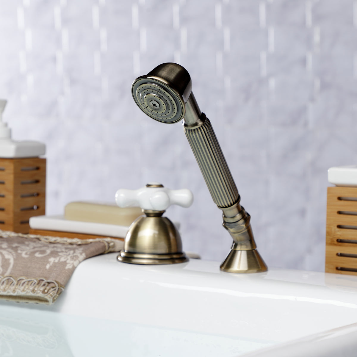 Kingston Brass KSK3353PXTR Deck Mount Hand Shower with Diverter for Roman Tub Faucet, Antique Brass