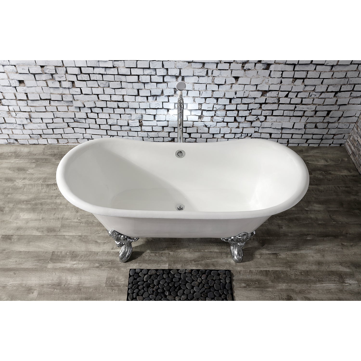 Aqua Eden VCTNDS6731NL1 67" Cast Iron Oval Double Slipper Clawfoot Tub (No Faucet Drillings), White/Polished Chrome