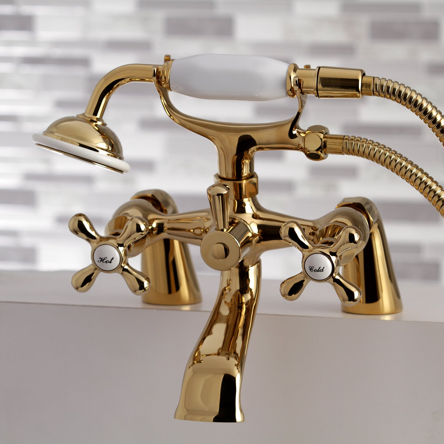 Kingston Brass KS267PB Kingston 6" Center Deck-Mount Clawfoot Tub Faucet with Hand Shower, Polished Brass