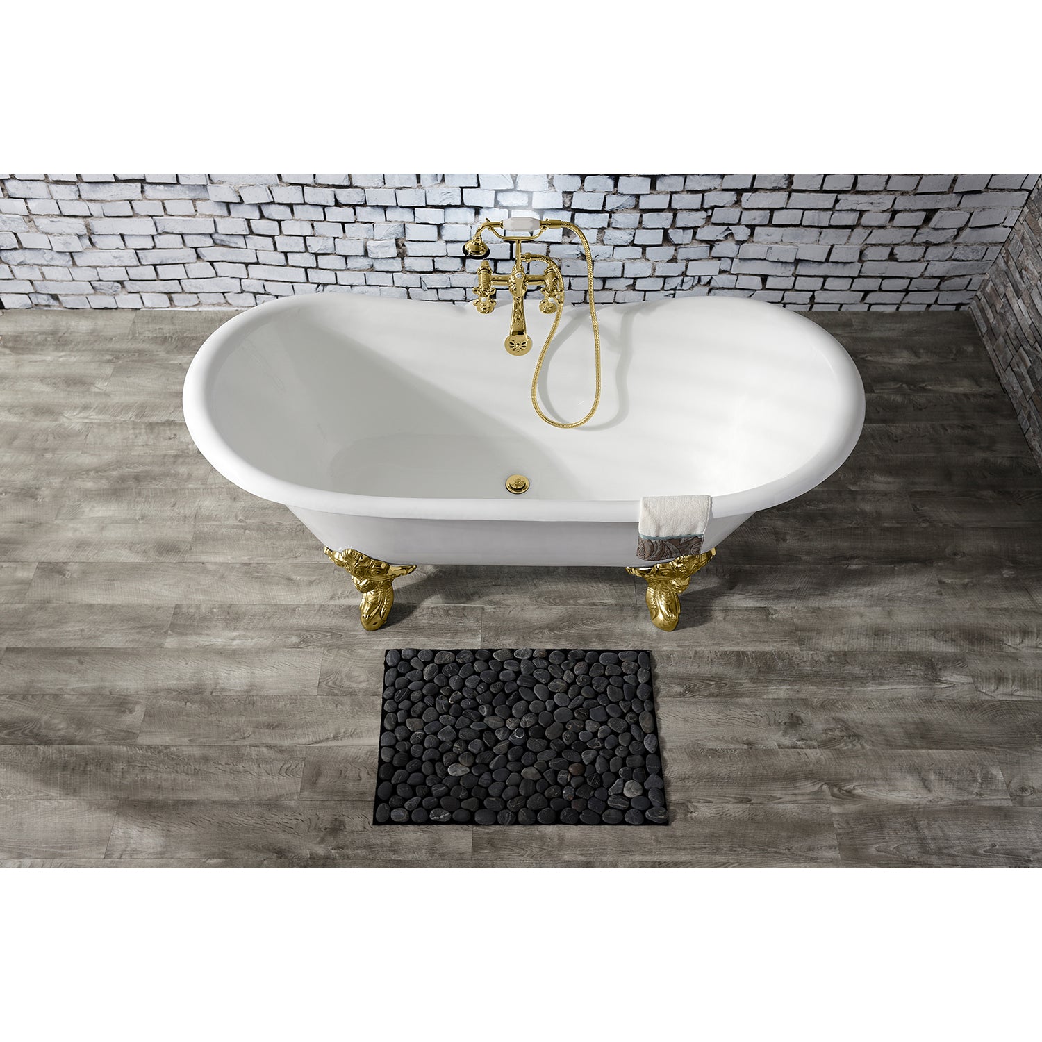 Aqua Eden VCT7DS6731NL2 67" Cast Iron Oval Double Slipper Clawfoot Tub (7" Faucet Drillings), White/Polished Brass