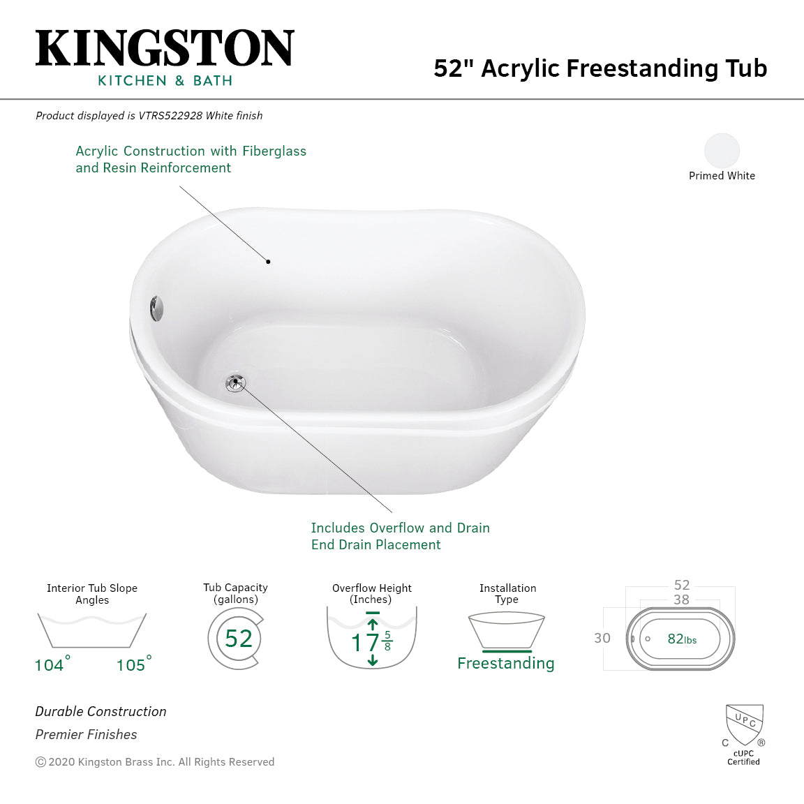 Kingston Brass VTRS522928 52" Acrylic Oval Single Slipper Freestanding Tub with Drain, Glossy White