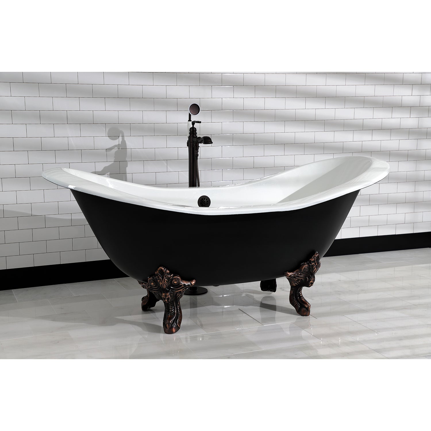Aqua Eden VBTND7231NC5 72" Cast Iron Oval Double Slipper Clawfoot Tub (No Faucet Drillings), Black/White/Oil Rubbed Bronze