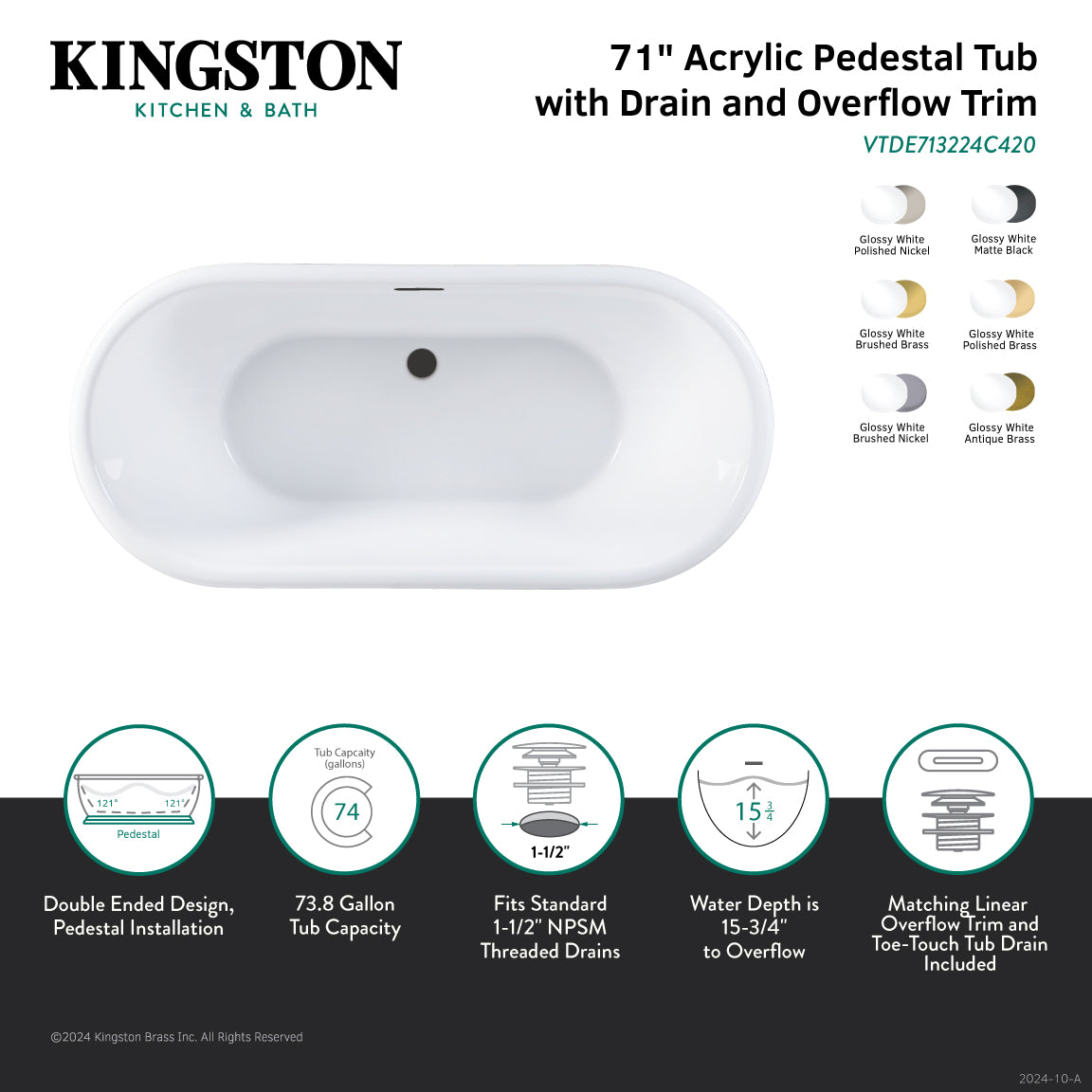 Kingston Brass VTDE713224C427 71" Acrylic Oval Double Ended Pedestal Tub with Drain (No Faucet Drillings), Glossy White/Brushed Brass