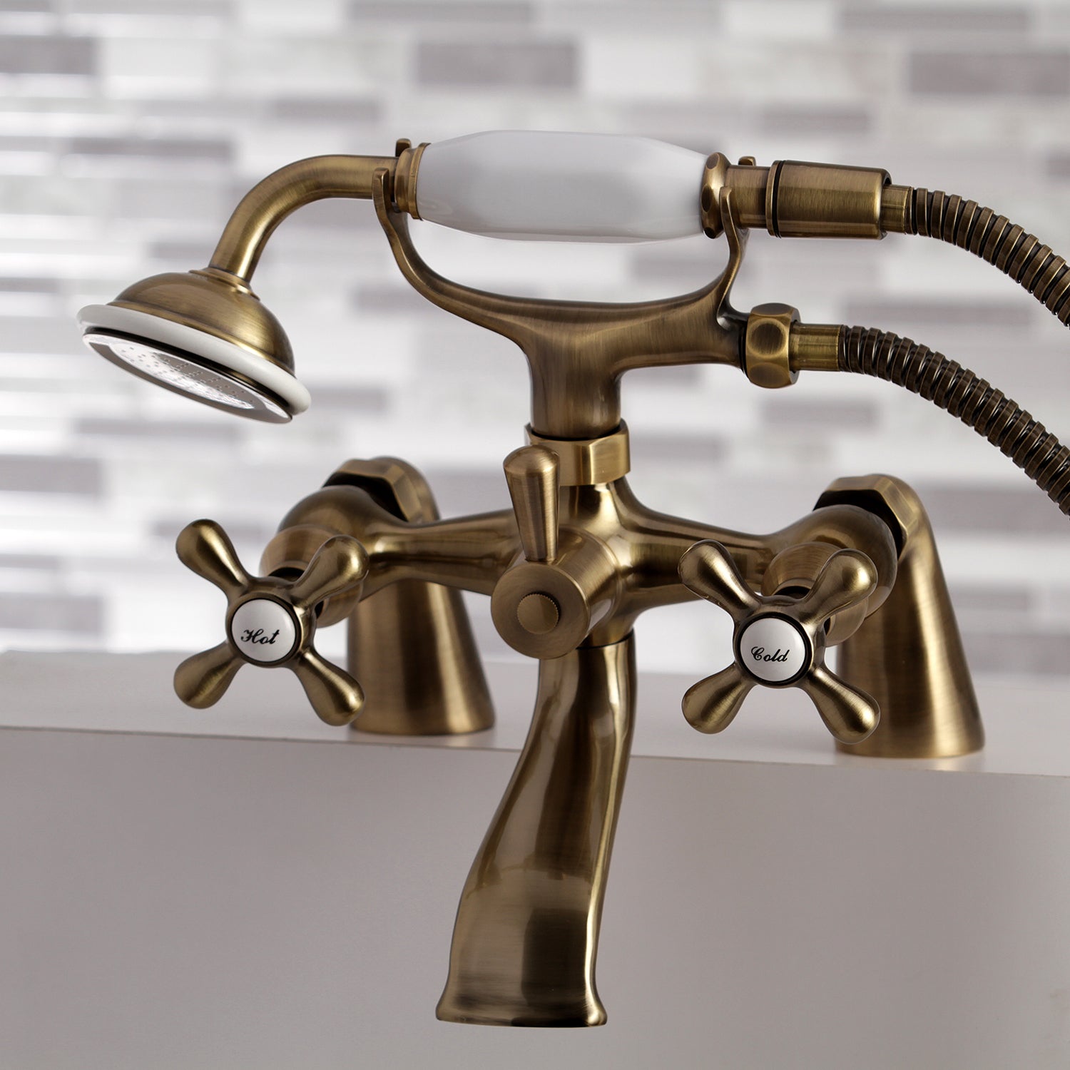 Kingston Brass KS267AB Kingston 6" Center Deck-Mount Clawfoot Tub Faucet with Hand Shower, Antique Brass