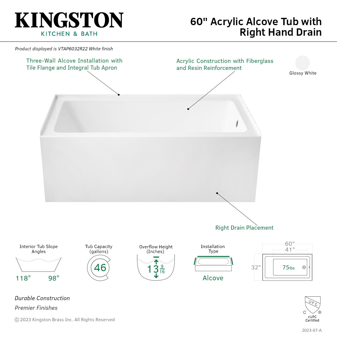 Aqua Eden VTAP6032R22 60" Acrylic Rectangular 3-Wall Alcove Tub, Right Hand Drain Hole, Glossy White
